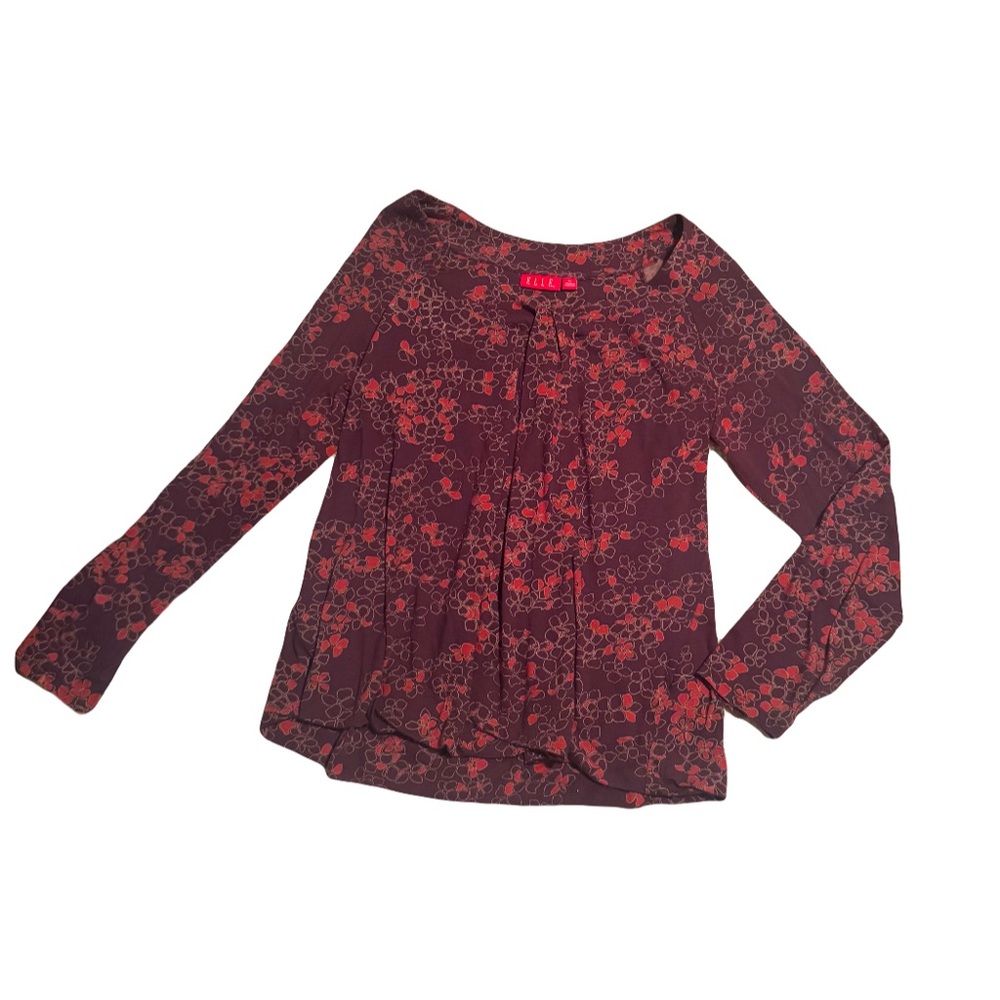 ELLE Floral Long Sleeve Blouse Red Maroon Women’s size XL